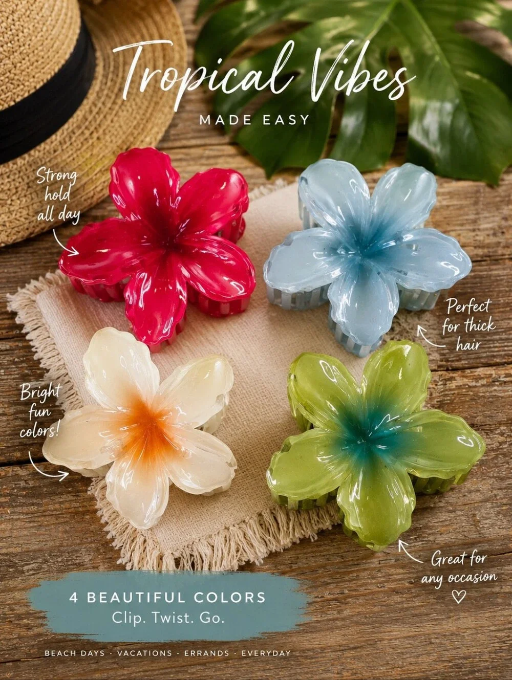 Piper K Set of 4 Tropical Flower Hair Claw Clips Multicolor,  NWT